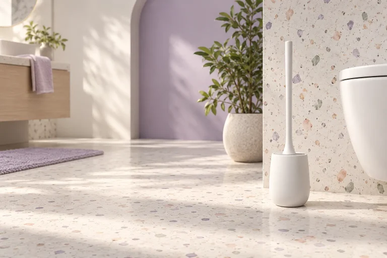 Brosse de toilette design en silicone blanc dans une salle de bains en terrazzo clair